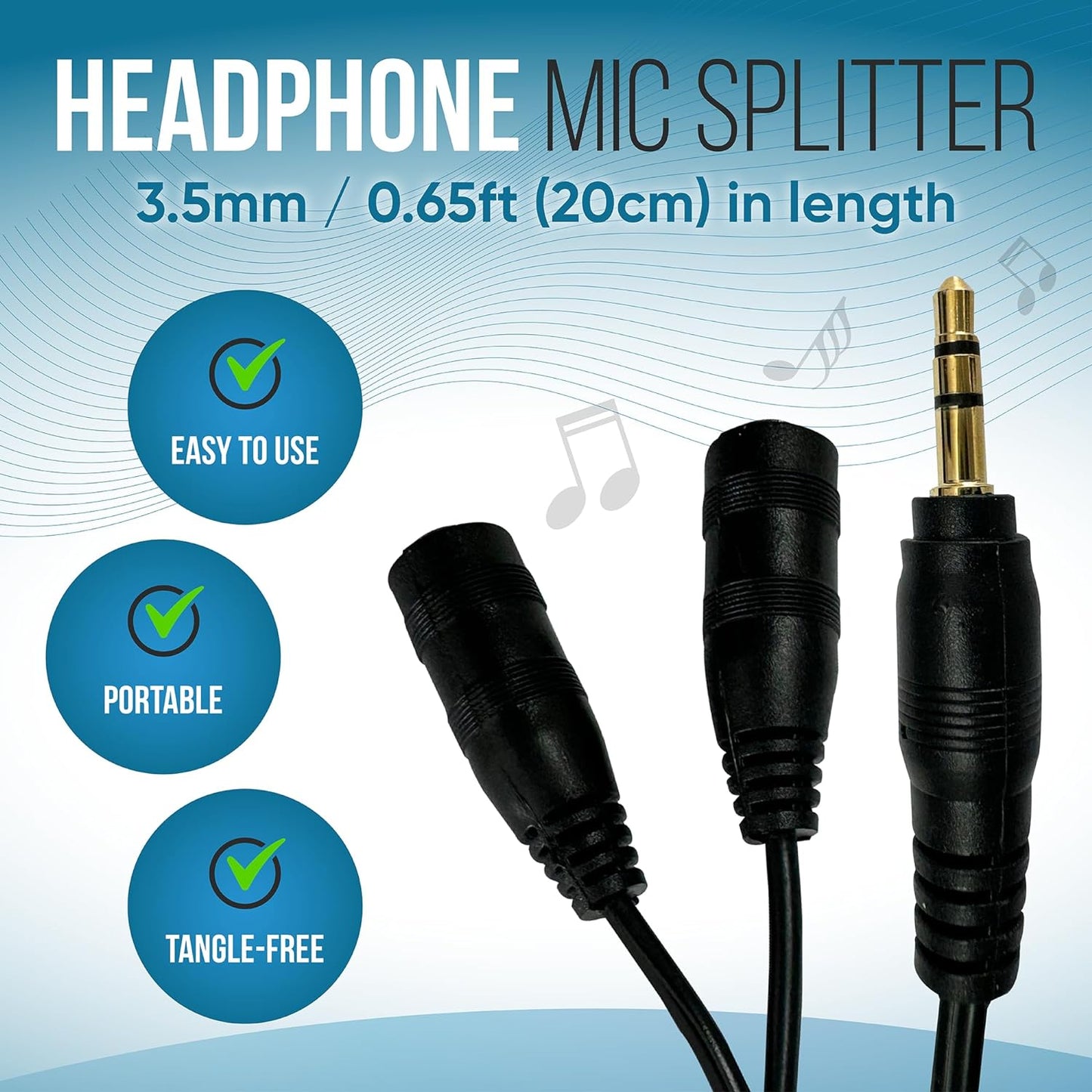 3.5 mm Headphone Jack to Two 3.5 mm Speaker and Headphone AUX Audio Cable Splitter, Black